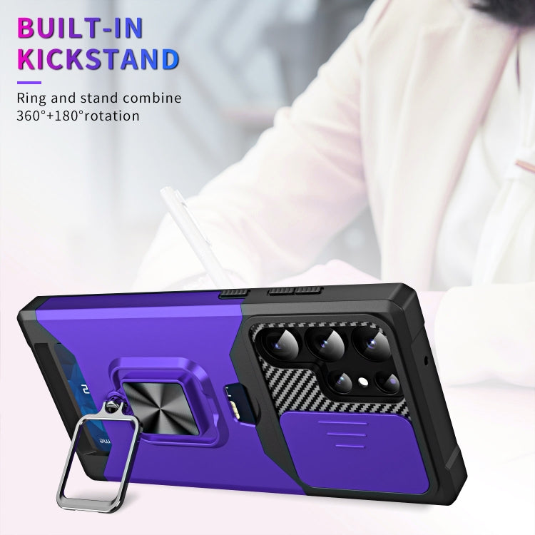 For Samsung Galaxy S23 Ultra 5G Sliding Camshield Phone Case with Ring Holder & Card Slot