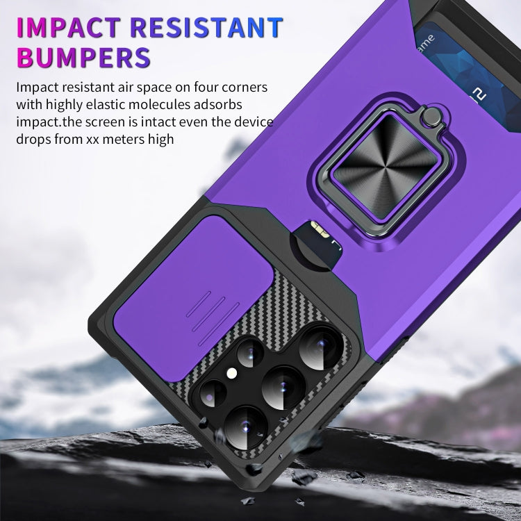 For Samsung Galaxy S23 Ultra 5G Sliding Camshield Phone Case with Ring Holder & Card Slot