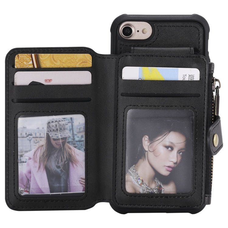 For iPhone SE 2022 / SE 2020 / 8 / 7 Zipper Shockproof Protective Case with Card Slots & Bracket & Photo Holder & Wallet Function
