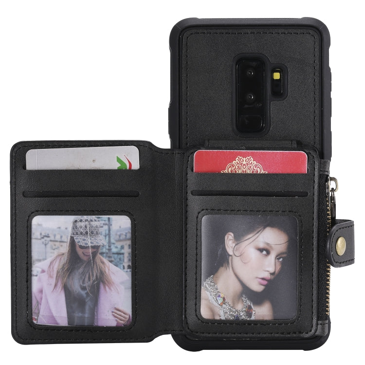 For Galaxy S9 Plus Zipper Shockproof Protective Case with Card Slots & Bracket & Photo Holder & Wallet Function