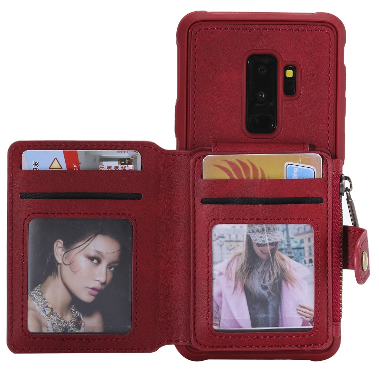 For Galaxy S9 Plus Zipper Shockproof Protective Case with Card Slots & Bracket & Photo Holder & Wallet Function