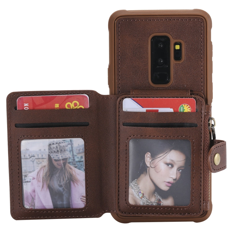 For Galaxy S9 Plus Zipper Shockproof Protective Case with Card Slots & Bracket & Photo Holder & Wallet Function