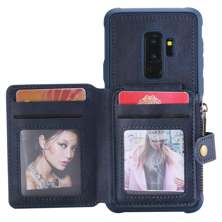For Galaxy S9 Plus Zipper Shockproof Protective Case with Card Slots & Bracket & Photo Holder & Wallet Function