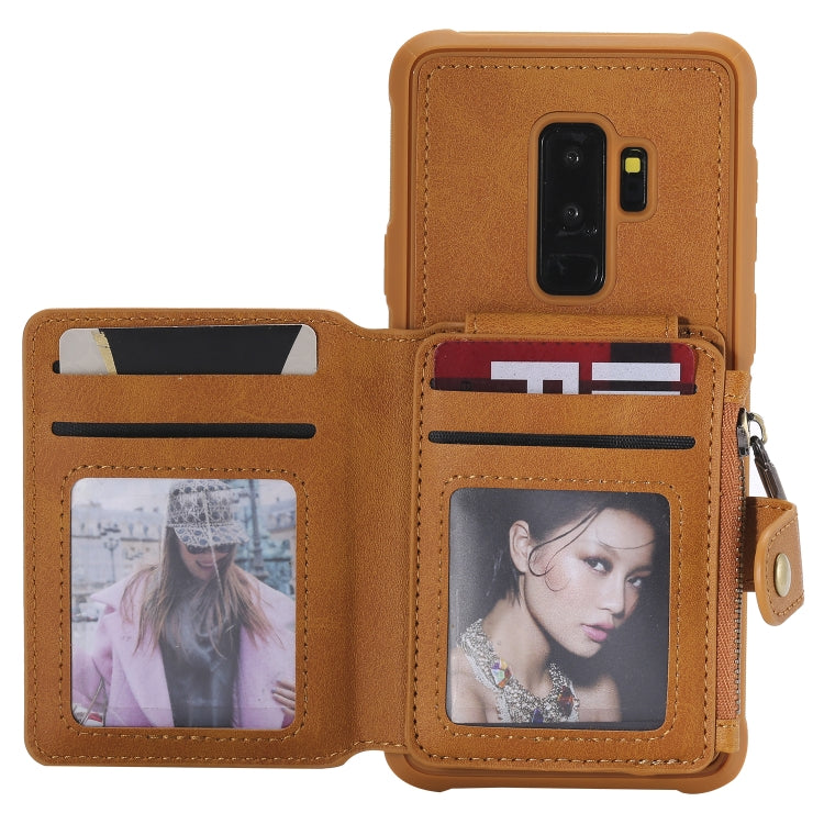 For Galaxy S9 Plus Zipper Shockproof Protective Case with Card Slots & Bracket & Photo Holder & Wallet Function