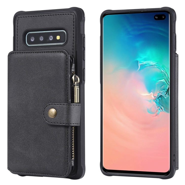 For Galaxy S10 Plus Zipper Shockproof Protective Case with Card Slots & Bracket & Photo Holder & Wallet Function