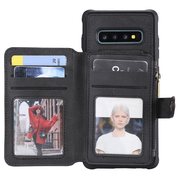 For Galaxy S10 Plus Zipper Shockproof Protective Case with Card Slots & Bracket & Photo Holder & Wallet Function