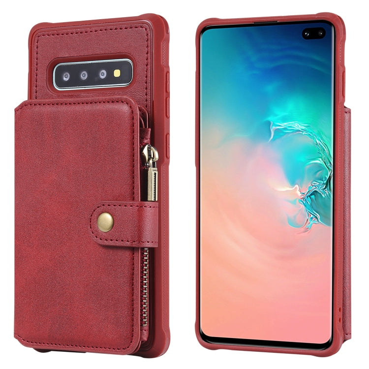For Galaxy S10 Plus Zipper Shockproof Protective Case with Card Slots & Bracket & Photo Holder & Wallet Function