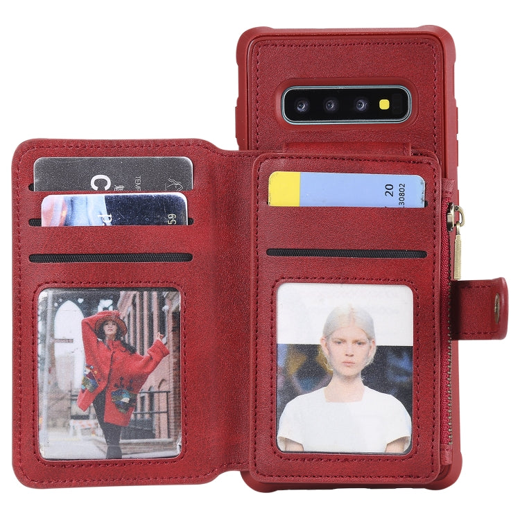 For Galaxy S10 Plus Zipper Shockproof Protective Case with Card Slots & Bracket & Photo Holder & Wallet Function