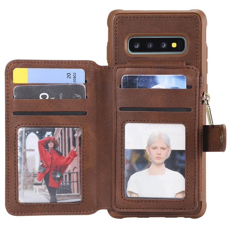 For Galaxy S10 Plus Zipper Shockproof Protective Case with Card Slots & Bracket & Photo Holder & Wallet Function