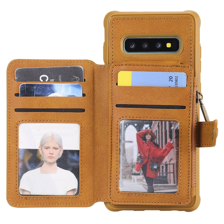 For Galaxy S10 Plus Zipper Shockproof Protective Case with Card Slots & Bracket & Photo Holder & Wallet Function