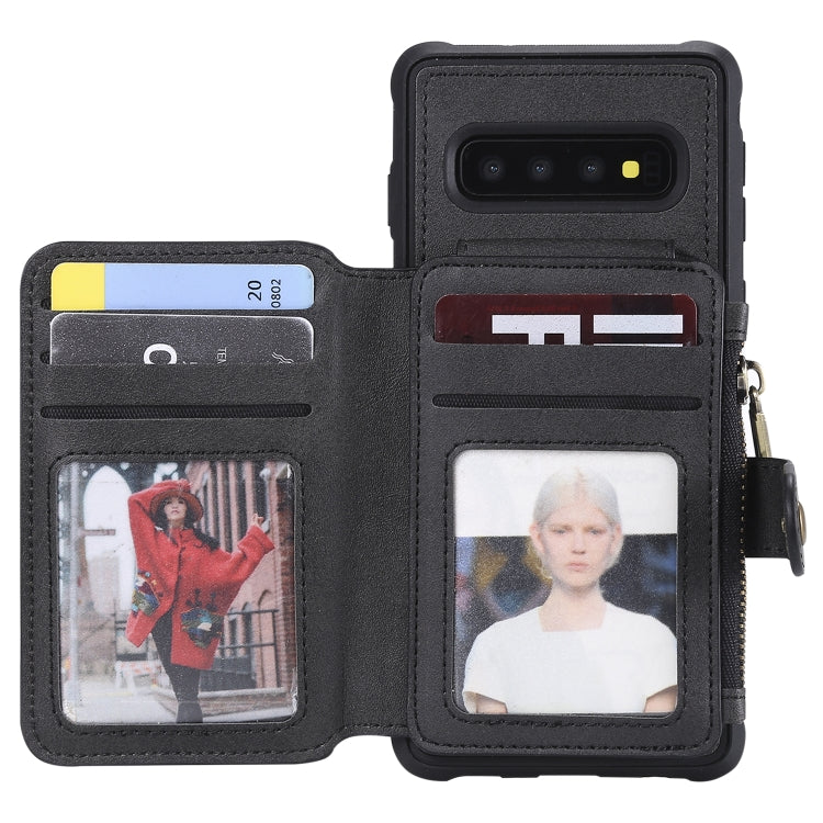 For Galaxy S10 Zipper Shockproof Protective Case with Card Slots & Bracket & Photo Holder & Wallet Function