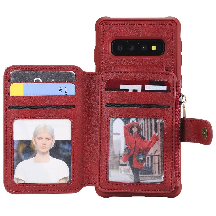 For Galaxy S10 Zipper Shockproof Protective Case with Card Slots & Bracket & Photo Holder & Wallet Function