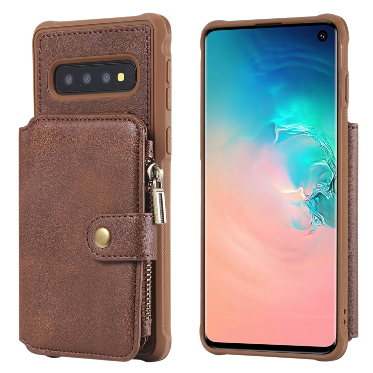 For Galaxy S10 Zipper Shockproof Protective Case with Card Slots & Bracket & Photo Holder & Wallet Function
