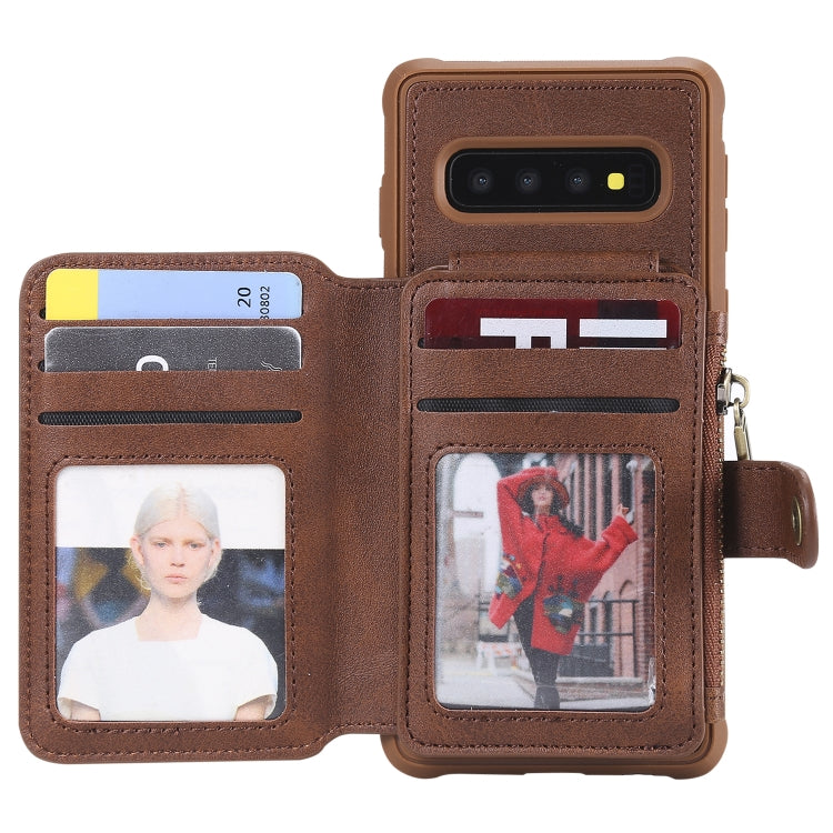For Galaxy S10 Zipper Shockproof Protective Case with Card Slots & Bracket & Photo Holder & Wallet Function