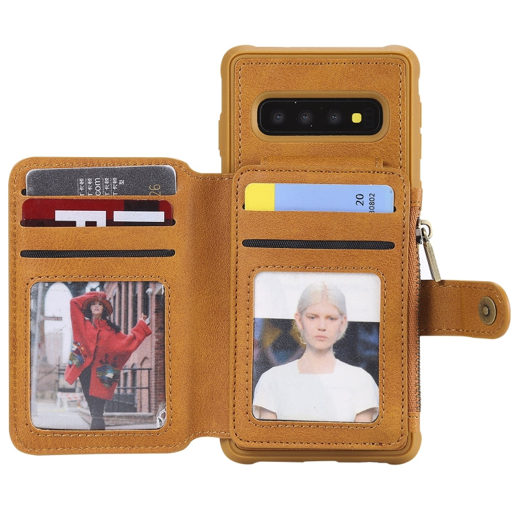 For Galaxy S10 Zipper Shockproof Protective Case with Card Slots & Bracket & Photo Holder & Wallet Function