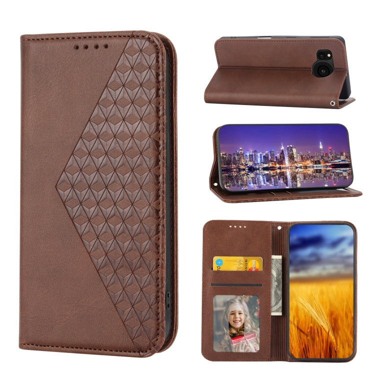 For Sharp Aquos Sense7 Plus Cubic Grid Calf Texture Magnetic Leather Phone Case