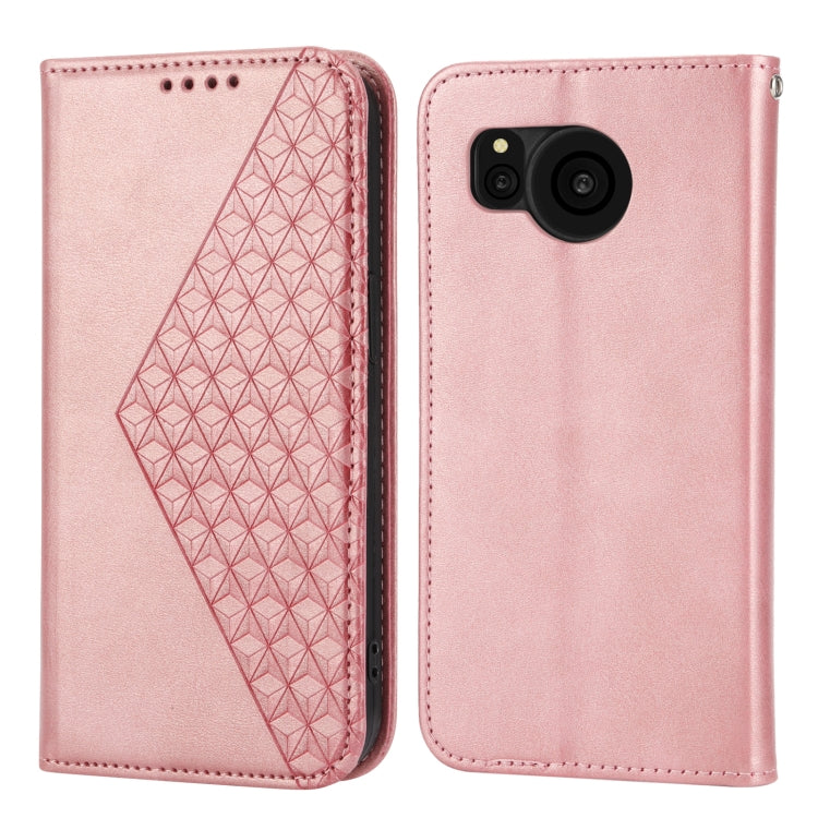 For Sharp Aquos Sense7 Cubic Grid Calf Texture Magnetic Leather Phone Case