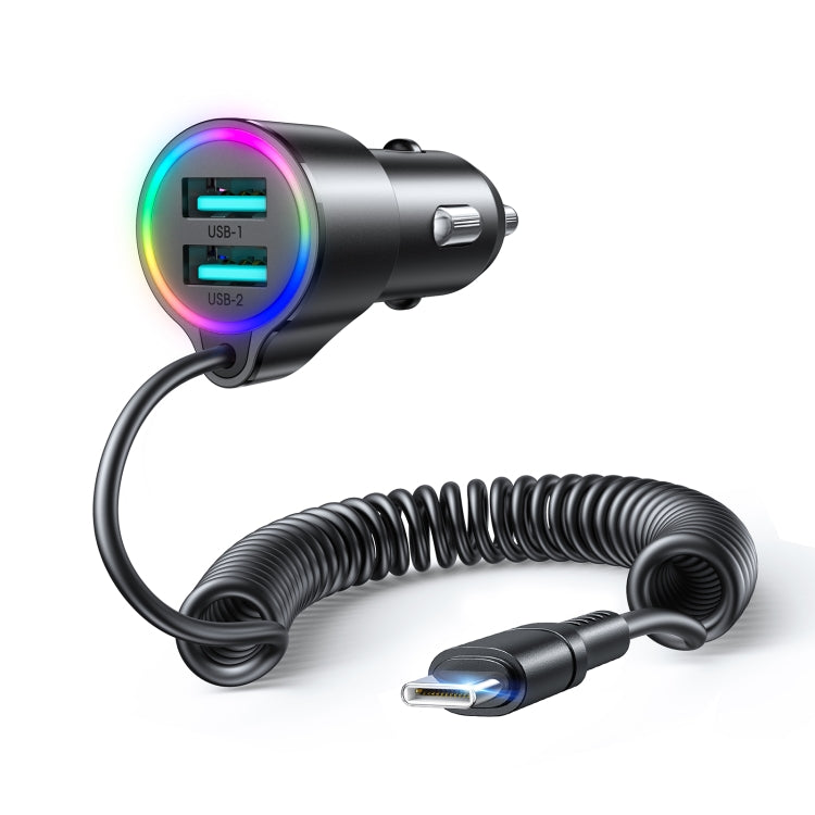 JOYROOM JR-CL24 3.4A 3-in-1 Car Charger with Coiled Type-C Cable(Black)