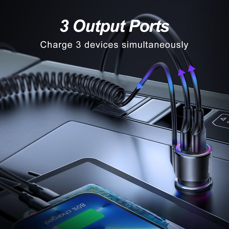 JOYROOM JR-CL24 3.4A 3-in-1 Car Charger with Coiled Type-C Cable(Black)