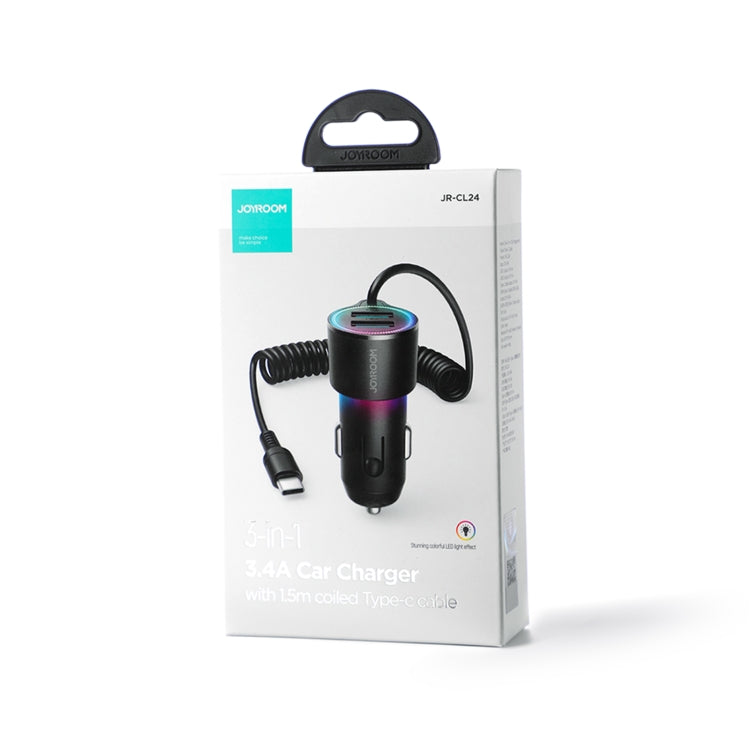 JOYROOM JR-CL24 3.4A 3-in-1 Car Charger with Coiled Type-C Cable(Black)