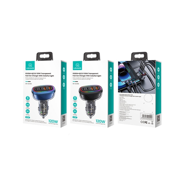 USAMS US-CC169 C34 PD30W+QC3.0 120W 4-port Transparent Car Fast Charger with Colorful Lights