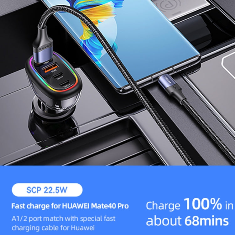 USAMS US-CC169 C34 PD30W+QC3.0 120W 4-port Transparent Car Fast Charger with Colorful Lights