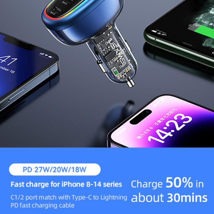 USAMS US-CC169 C34 PD30W+QC3.0 120W 4-port Transparent Car Fast Charger with Colorful Lights