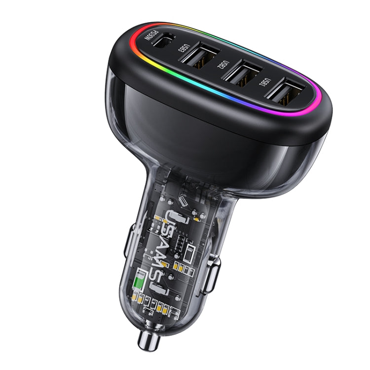 USAMS US-CC170 C34 PD30W 48W 4-port Transparent Car Fast Charger with Colorful Lights(Black)
