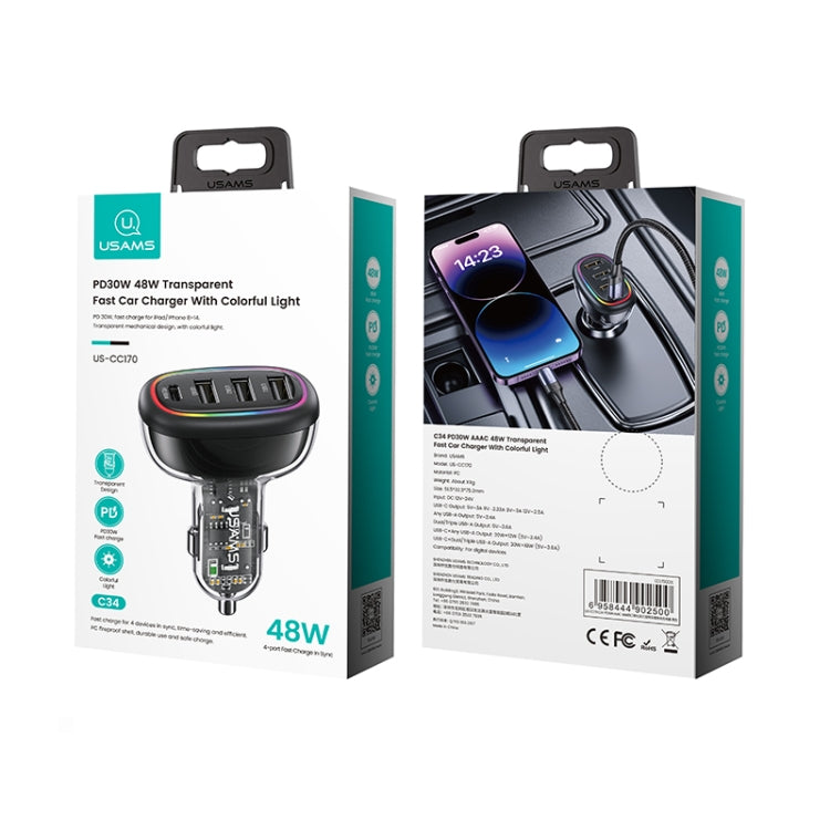 USAMS US-CC170 C34 PD30W 48W 4-port Transparent Car Fast Charger with Colorful Lights(Black)