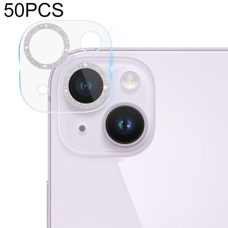 For iPhone 14 / 14 Plus 50pcs Tempered Glass Glitter CD Texture Back Camera Film
