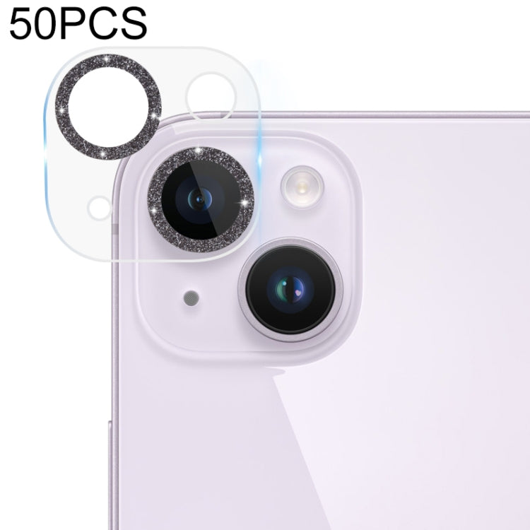 For iPhone 14 / 14 Plus 50pcs Tempered Glass Glitter CD Texture Back Camera Film