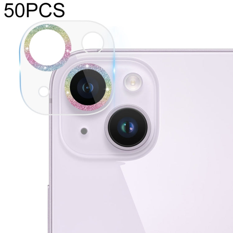 For iPhone 14 / 14 Plus 50pcs Tempered Glass Glitter CD Texture Back Camera Film