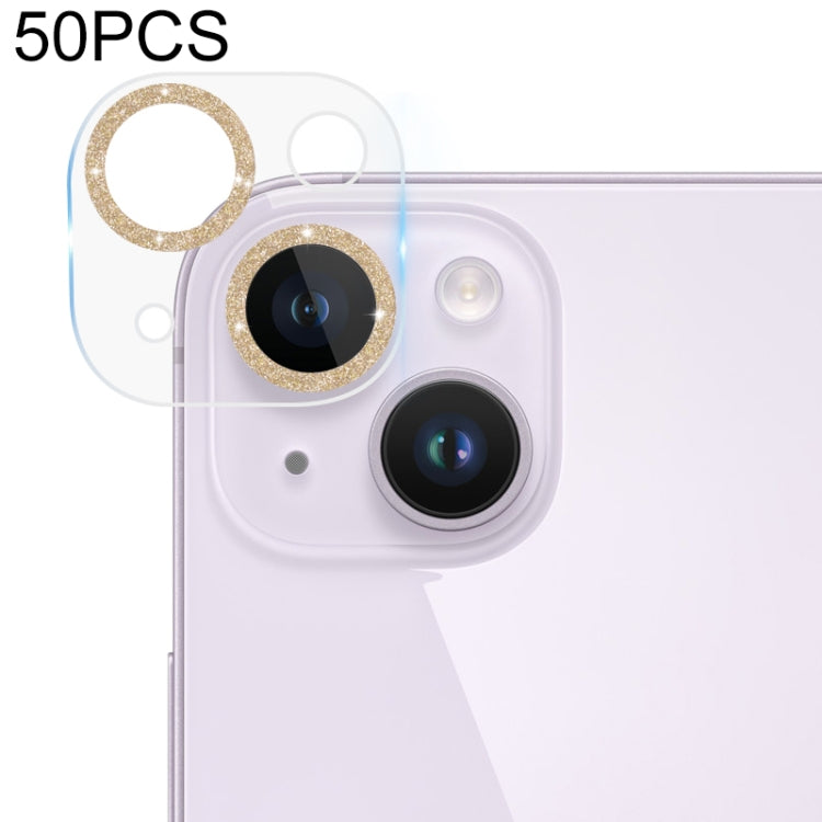 For iPhone 14 / 14 Plus 50pcs Tempered Glass Glitter CD Texture Back Camera Film