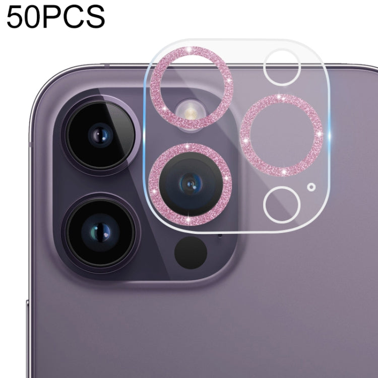For iPhone 14 Pro Max / 14 Pro 50pcs Tempered Glass Glitter CD Texture Back Camera Film