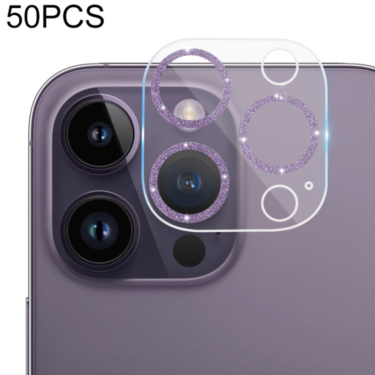 For iPhone 14 Pro Max / 14 Pro 50pcs Tempered Glass Glitter CD Texture Back Camera Film