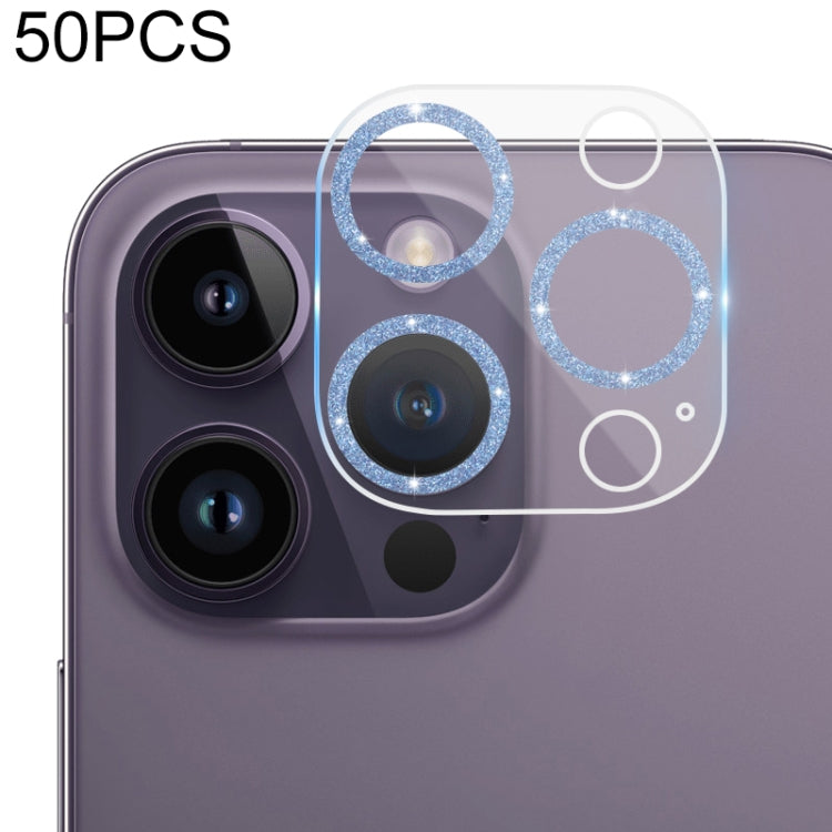 For iPhone 14 Pro Max / 14 Pro 50pcs Tempered Glass Glitter CD Texture Back Camera Film