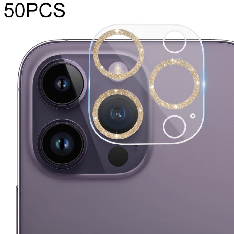 For iPhone 14 Pro Max / 14 Pro 50pcs Tempered Glass Glitter CD Texture Back Camera Film