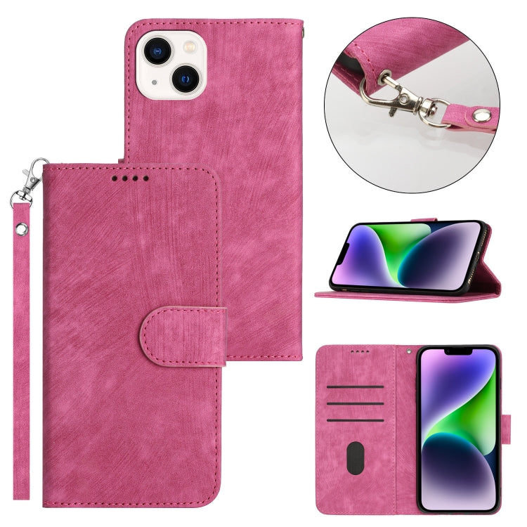 For iPhone 14 Dual-Fold Stripe Texture Buckle Leather Phone Case