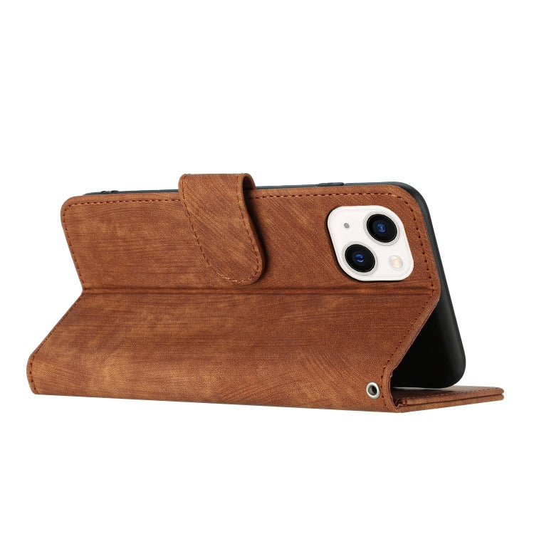 For iPhone 14 Dual-Fold Stripe Texture Buckle Leather Phone Case