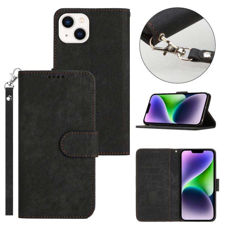 For iPhone 14 Dual-Fold Stripe Texture Buckle Leather Phone Case