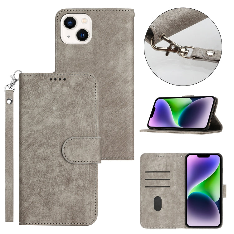 For iPhone 14 Dual-Fold Stripe Texture Buckle Leather Phone Case