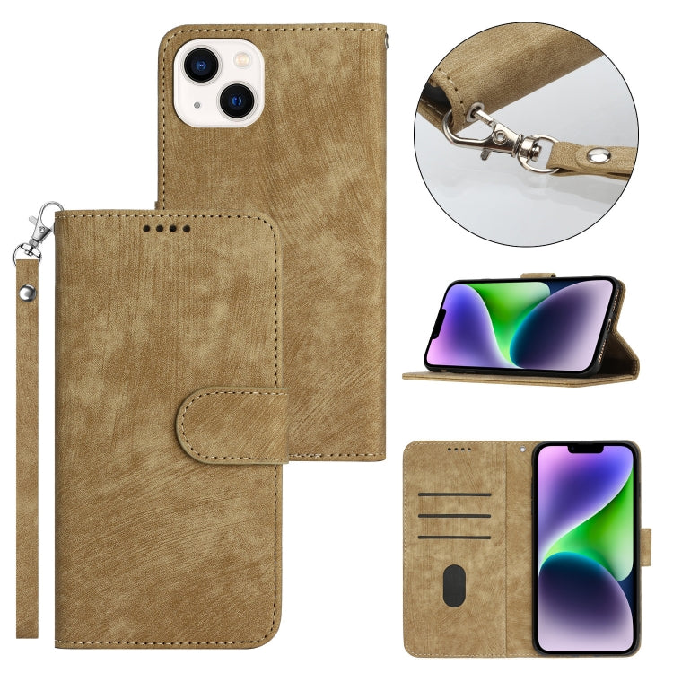 For iPhone 14 Plus Dual-Fold Stripe Texture Buckle Leather Phone Case