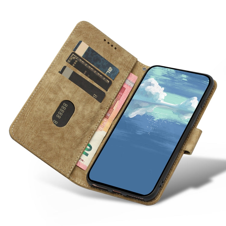 For iPhone 14 Plus Dual-Fold Stripe Texture Buckle Leather Phone Case
