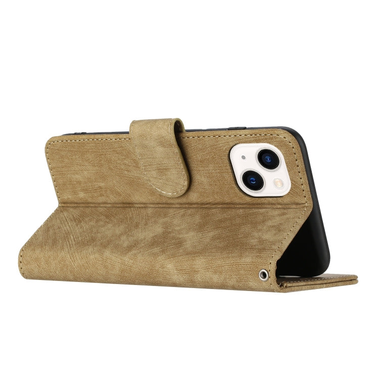 For iPhone 14 Plus Dual-Fold Stripe Texture Buckle Leather Phone Case