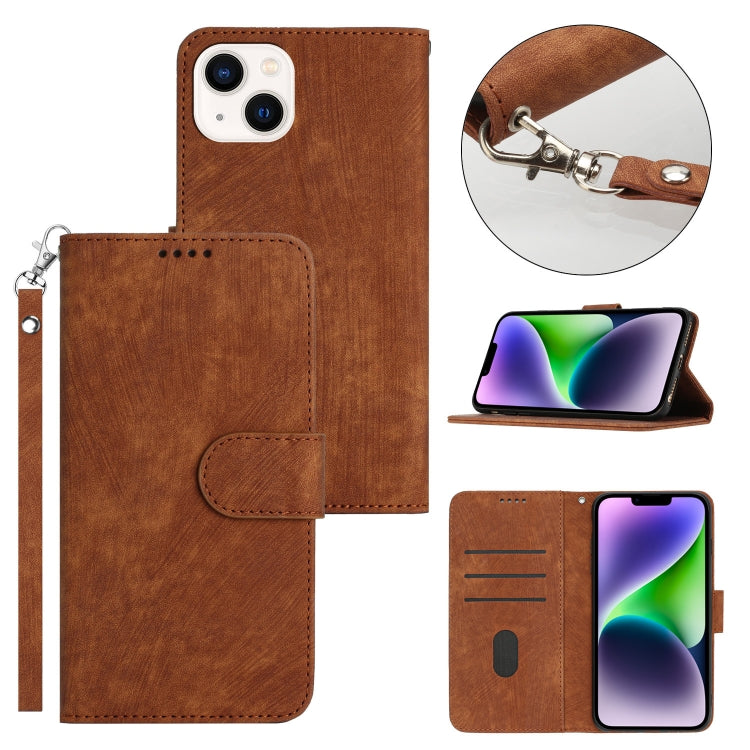 For iPhone 14 Plus Dual-Fold Stripe Texture Buckle Leather Phone Case