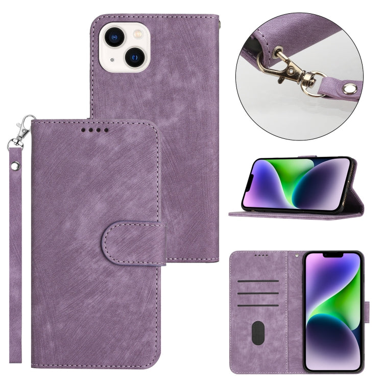 For iPhone 14 Plus Dual-Fold Stripe Texture Buckle Leather Phone Case