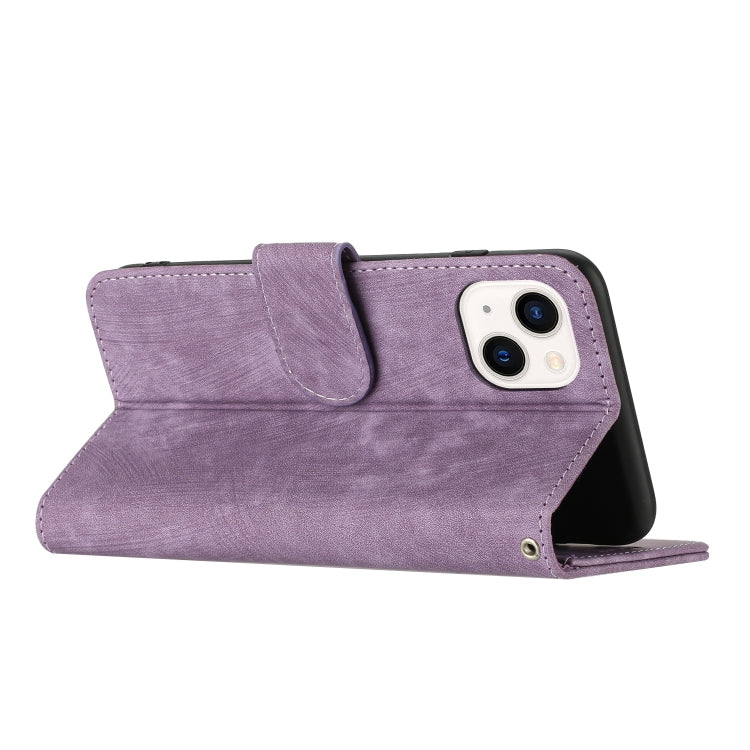 For iPhone 14 Plus Dual-Fold Stripe Texture Buckle Leather Phone Case