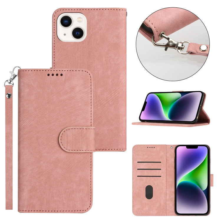 For iPhone 14 Plus Dual-Fold Stripe Texture Buckle Leather Phone Case