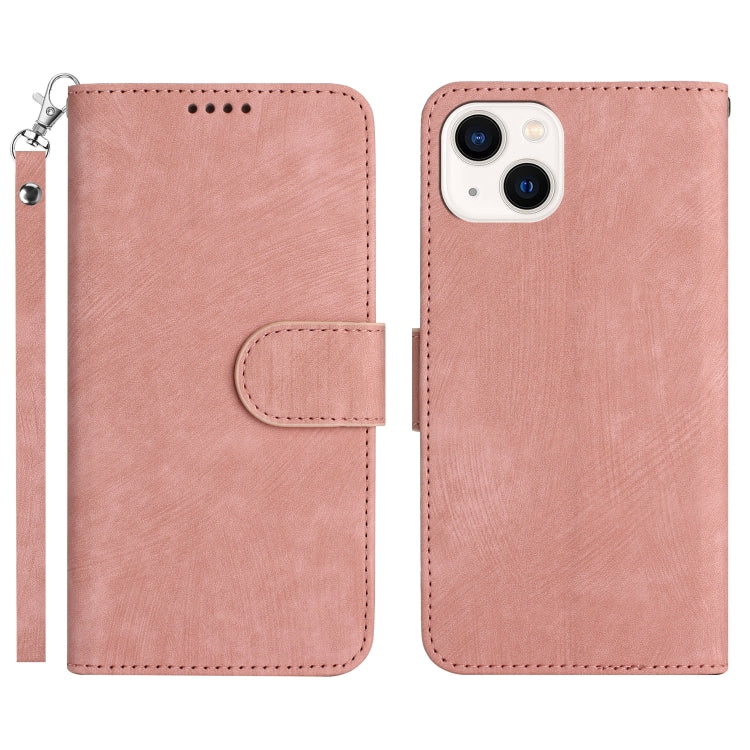 For iPhone 14 Plus Dual-Fold Stripe Texture Buckle Leather Phone Case