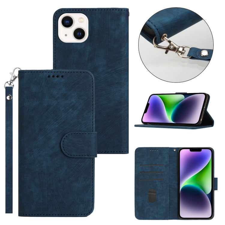 For iPhone 14 Plus Dual-Fold Stripe Texture Buckle Leather Phone Case